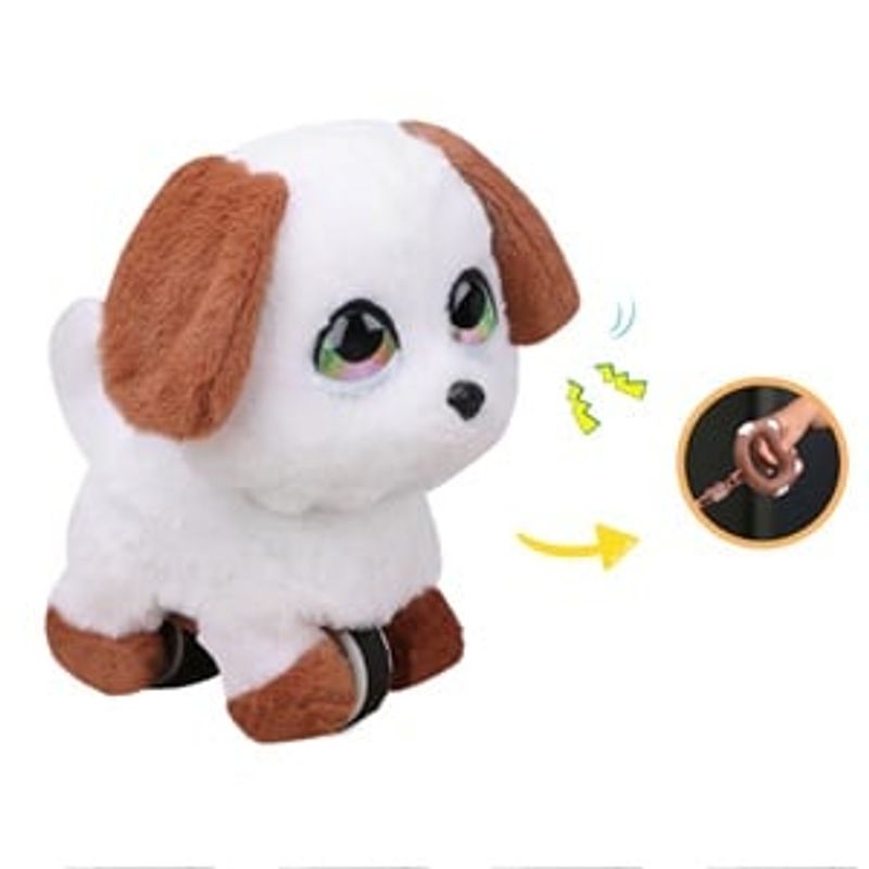 Jucarii, Copii si Bebe - Jucarii si jocuri - Jucarii de plus - Catelus de plus interactiv, Alb cu Maro, cu Lesa, Sunet si Miscare - Infinity.ro