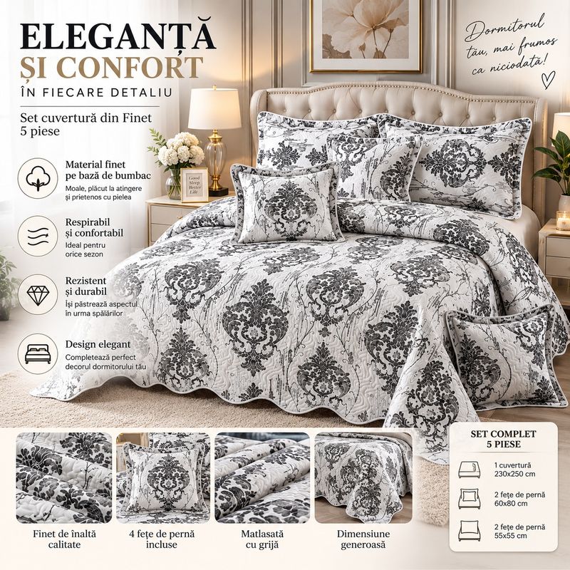 Casa si Gradina - Textile si covoare - Pături și cuverturi - Cuverturi - Set Cuvertura Finet pentru Pat Dublu, 230x250 cm, 4 Fete de Perna, Material Moale si Respirabil - Infinity.ro