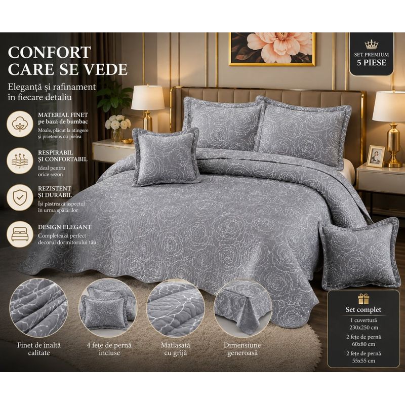 Casa si Gradina - Textile si covoare - Pături și cuverturi - Cuverturi - Set Cuvertura Finet pentru Pat Dublu, 230x250 cm, 4 Fete de Perna, Material Moale si Respirabil - Infinity.ro