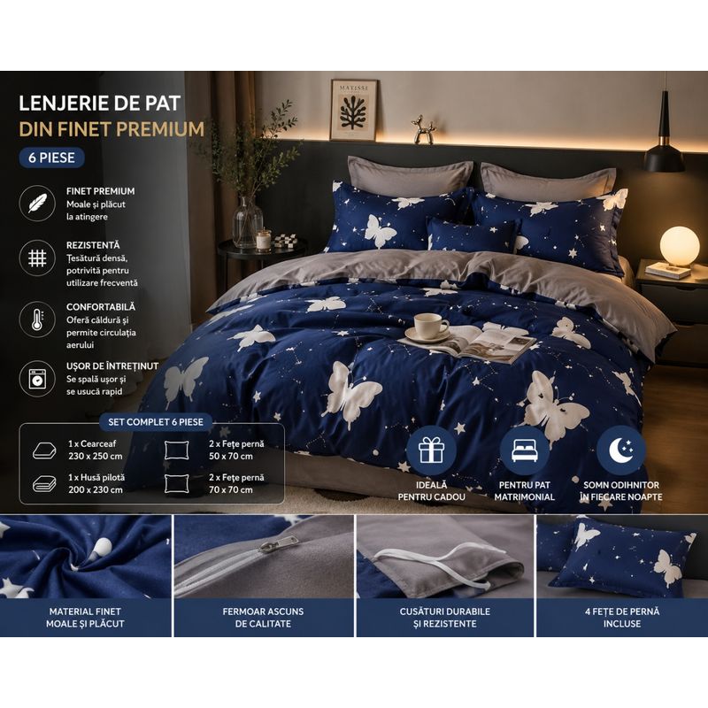 Casa si Gradina - Textile si covoare - Lenjerii de pat - Seturi de lenjerie - Lenjerie de Pat Matrimoniala din Finet, Set 6 Piese, Compozitie de calitate, Model cu Fluturi - Infinity.ro