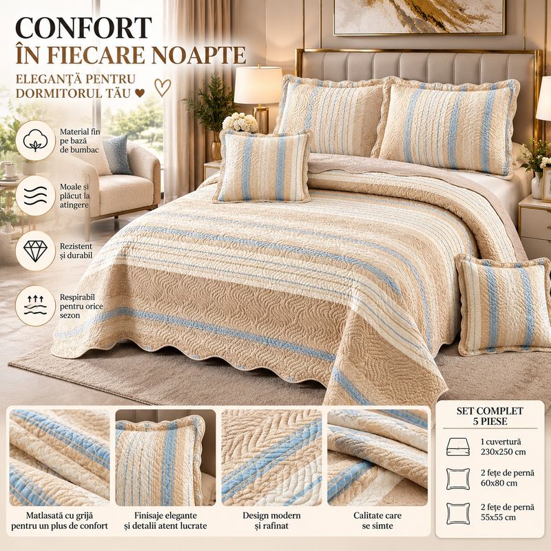 Casa si Gradina - Textile si covoare - Pături și cuverturi - Cuverturi - Set Cuvertura Finet pentru Pat Dublu, 230x250 cm, 4 Fete de Perna, Material Moale si Respirabil - Infinity.ro