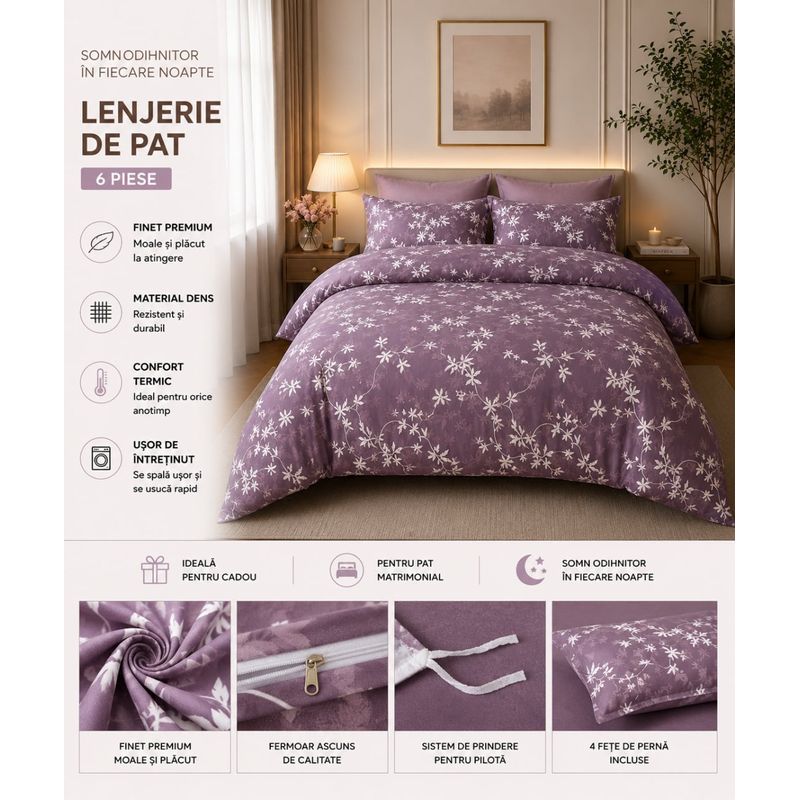 Casa si Gradina - Textile si covoare - Lenjerii de pat - Seturi de lenjerie - Lenjerie de Pat Matrimoniala din Finet, Set 6 Piese, Mov cu imprimeu floral alb - Infinity.ro