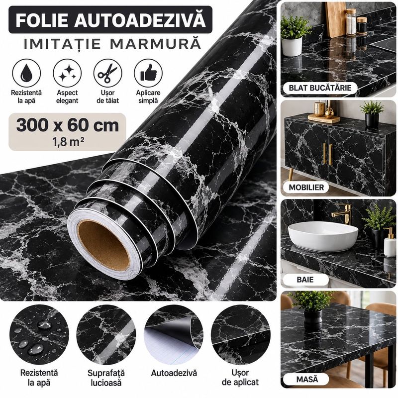 Casa si Gradina - Decoratiuni - Stickere decorative - Folie Autoadeziva Imitatie Marmura, 300 x 60 cm, Rezistenta la Apa, pentru Mobila, Blat, Bucatarie si Baie, Negru - Infinity.ro