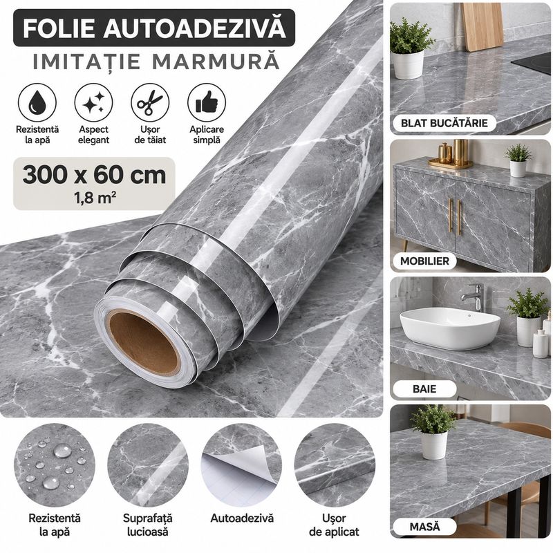 Casa si Gradina - Decoratiuni - Stickere decorative - Folie Autoadeziva Imitatie Marmura, 300 x 60 cm, Rezistenta la Apa, pentru Mobila, Blat, Bucatarie si Baie, Gri - Infinity.ro