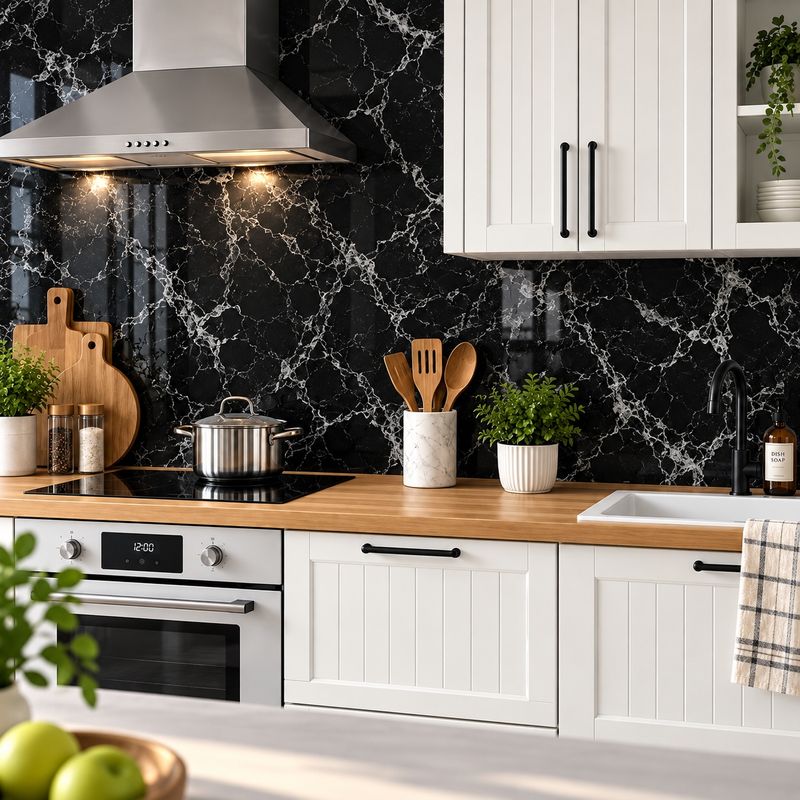 Casa si Gradina - Decoratiuni - Stickere decorative - Folie Autoadeziva Imitatie Marmura, 300 x 60 cm, Rezistenta la Apa, pentru Mobila, Blat, Bucatarie si Baie, Negru - Infinity.ro