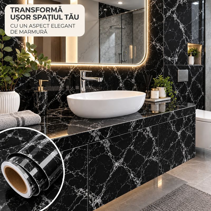 Casa si Gradina - Decoratiuni - Stickere decorative - Folie Autoadeziva Imitatie Marmura, 300 x 60 cm, Rezistenta la Apa, pentru Mobila, Blat, Bucatarie si Baie, Negru - Infinity.ro