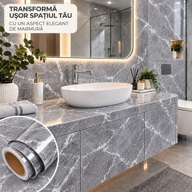 Casa si Gradina - Decoratiuni - Stickere decorative - Folie Autoadeziva Imitatie Marmura, 300 x 60 cm, Rezistenta la Apa, pentru Mobila, Blat, Bucatarie si Baie, Gri - Infinity.ro
