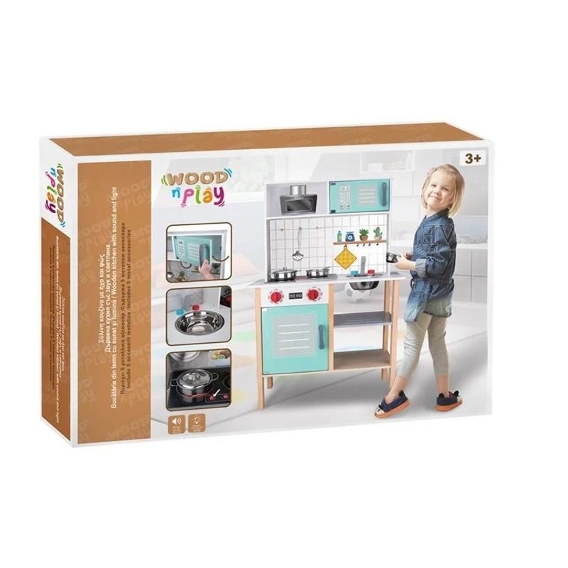 Jucarii, Copii si Bebe - Jucarii si jocuri - Jucarii de rol - Bucatarii copii - Bucatarie de jucarie din lemn cu accesorii, lumina si sunet, Dimensiune 60x30x92.5 cm - Infinity.ro