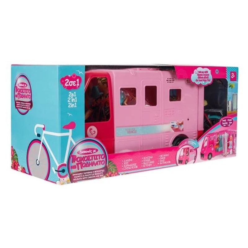 Jucarii, Copii si Bebe - Jucarii si jocuri - Papusi si accesorii - Casute de papusi si mobilier - Rulota si bicicleta de jucarie cu papusi incluse, Varsta 3+ ani, Dimensiune 65x25x29cm, Roz - Infinity.ro