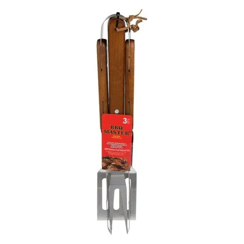 Casa si Gradina - Bucatarie si vesela - Ustensile bucatarie - Seturi ustensile de bucatarie - Set 3 ustensile pentru gratar din otel inoxidabil cu maner din lemn, Cleste, Furculita si Spatula - Infinity.ro