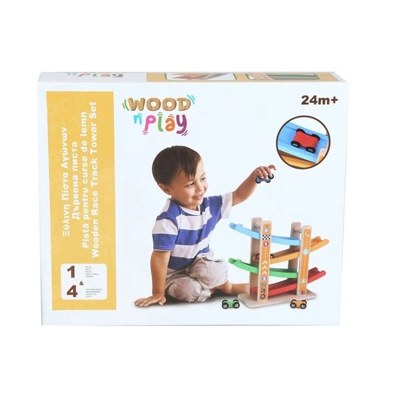 Jucarii, Copii si Bebe - Jucarii si jocuri - Jucarii & jocuri educative - Jocuri si jucarii educative - Jucarie educativa din lemn, Pista de curse cu 4 masini colorate - Infinity.ro