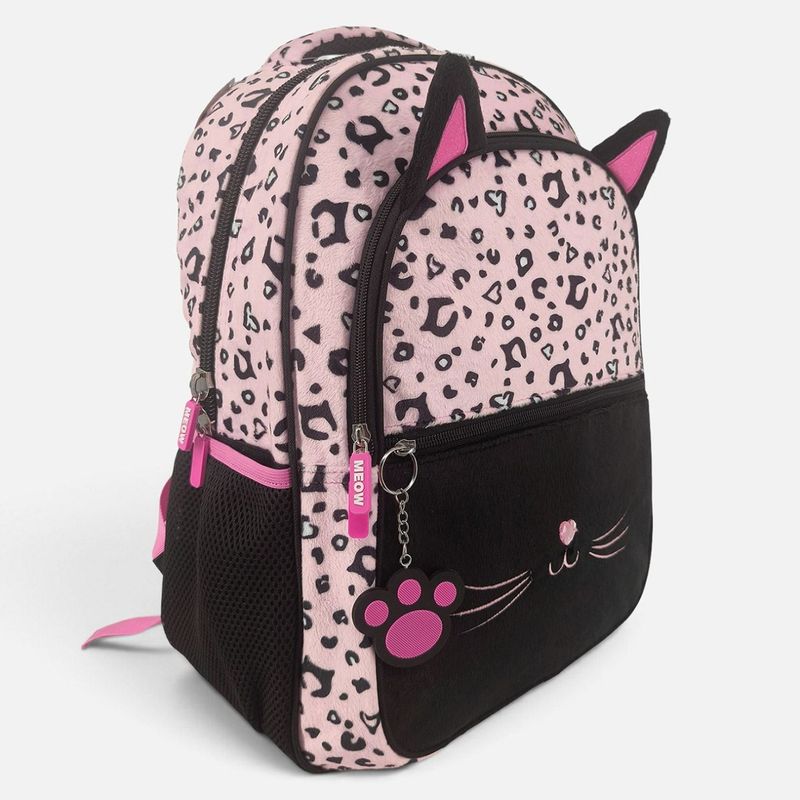 Carti si Birotica - Rechizite - Rucsacuri si genti scolare - Ghiozdan Fete Scoala Primara, Negru/Roz, Model Leopard cu Pisicuta, Urechi 3D, Breloc, Spate Ergonomic, 20L, 30x16x42 cm - Infinity.ro