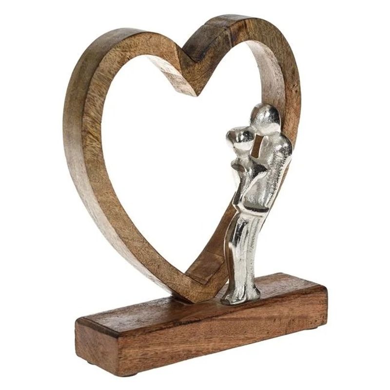 Casa si Gradina - Decoratiuni - Obiecte decorative - Accesorii decorative - Decoratiune de masa din lemn in forma de inima si cuplu de metal, Dimensiune 18x5x22 cm - Infinity.ro