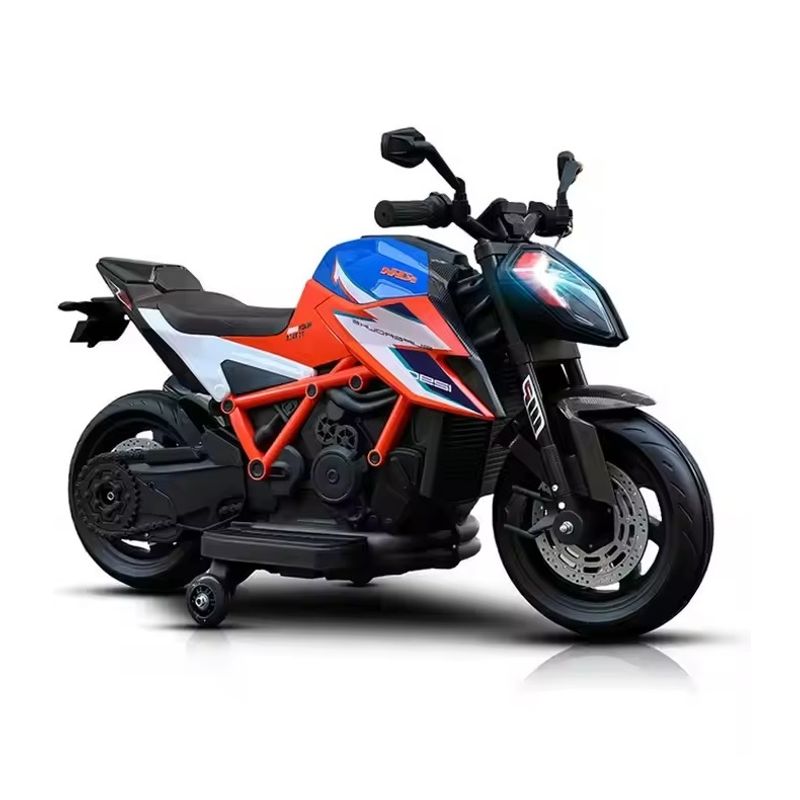 Jucarii, Copii si Bebe - Jucarii si jocuri - Jucarii de exterior - Masinute si vehicule pentru copii - Motocicleta electrica pentru copii 3 ani+, Motor 50W, Baterie 12V7AH, cu roti ajutatoare, lumini si muzica, Portocaliu - Infinity.ro