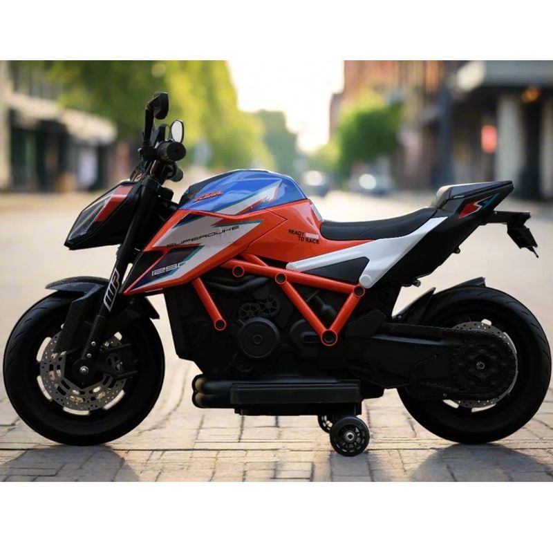 Jucarii, Copii si Bebe - Jucarii si jocuri - Jucarii de exterior - Masinute si vehicule pentru copii - Motocicleta electrica pentru copii 3 ani+, Motor 50W, Baterie 12V7AH, cu roti ajutatoare, lumini si muzica, Portocaliu - Infinity.ro