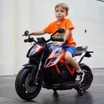 Jucarii, Copii si Bebe - Jucarii si jocuri - Jucarii de exterior - Masinute si vehicule pentru copii - Motocicleta electrica pentru copii 3 ani+, Motor 50W, Baterie 12V7AH, cu roti ajutatoare, lumini si muzica, Portocaliu - Infinity.ro