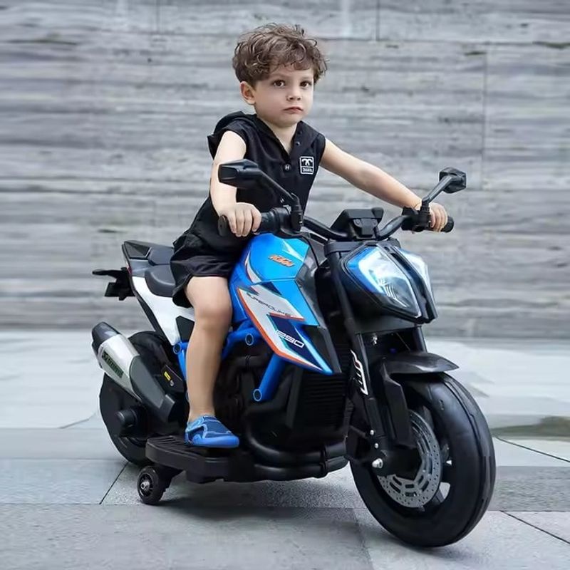 Jucarii, Copii si Bebe - Jucarii si jocuri - Jucarii de exterior - Masinute si vehicule pentru copii - Motocicleta electrica pentru copii 3 ani+, Motor 50W, Baterie 12V7AH, cu roti ajutatoare, lumini si muzica, Albastru - Infinity.ro