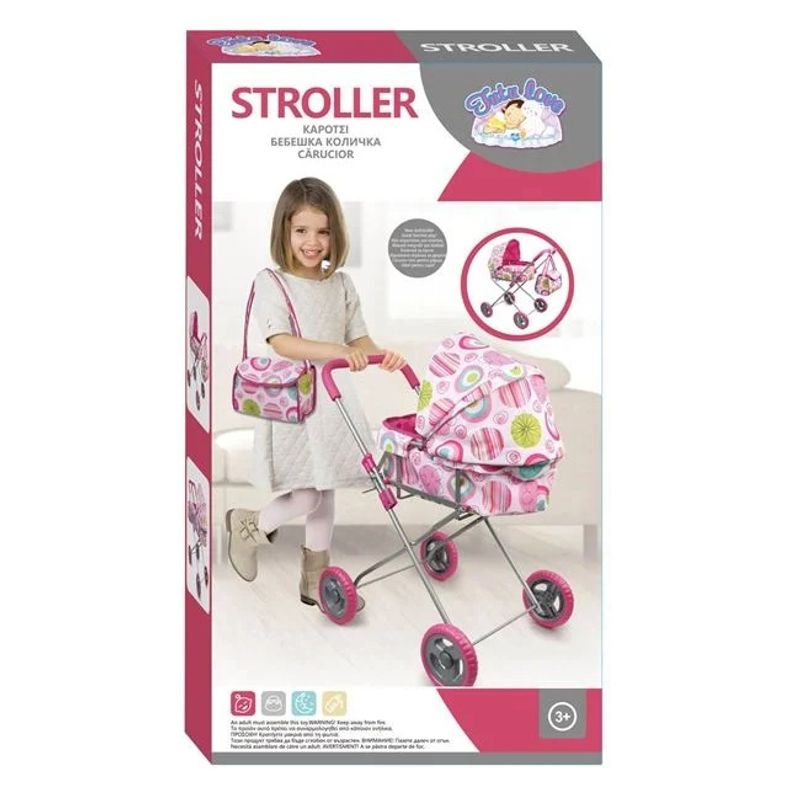 Jucarii, Copii si Bebe - Jucarii si jocuri - Papusi si accesorii - Carucioare papusi si accesorii - Carucior cu geanta pentru papusi, varsta 3+ ani, 51x32x62cm, multicolor - Infinity.ro