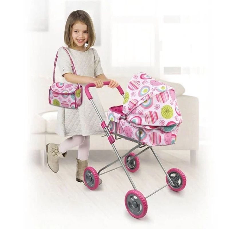 Jucarii, Copii si Bebe - Jucarii si jocuri - Papusi si accesorii - Carucioare papusi si accesorii - Carucior cu geanta pentru papusi, varsta 3+ ani, 51x32x62cm, multicolor - Infinity.ro