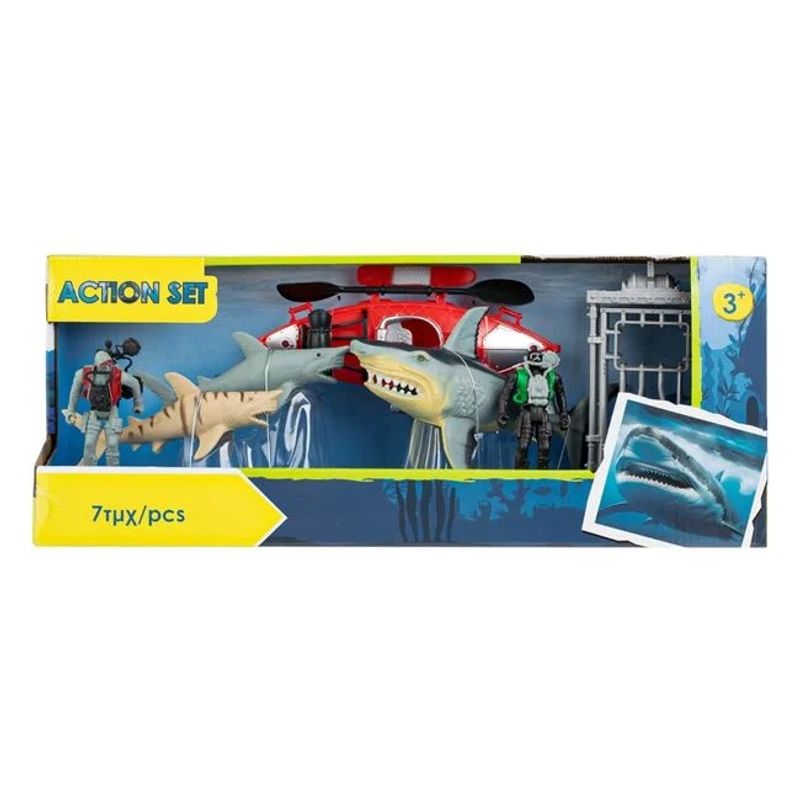 Jucarii, Copii si Bebe - Jucarii si jocuri - Jucarii & jocuri educative - Jucarii interactive - Set cu 2 scafandri si 3 rechini, cu o cusca si barca, 45x12.5x18cm, multicolor - Infinity.ro