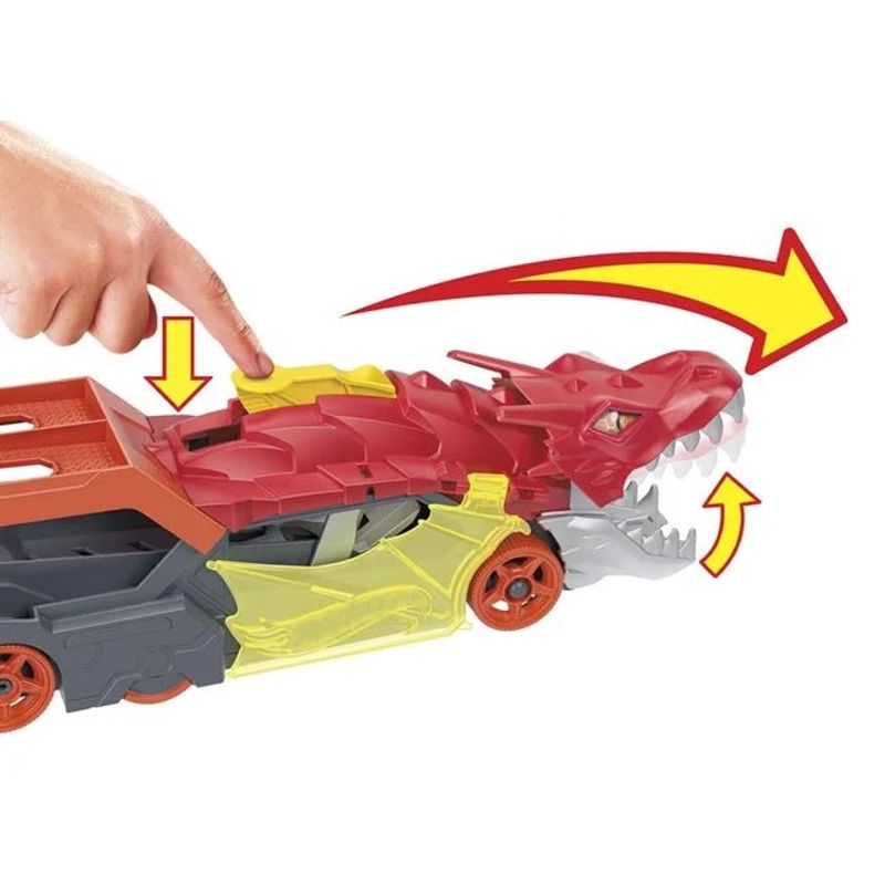 Jucarii, Copii si Bebe - Jucarii si jocuri - Jucarii & jocuri educative - Jucarii interactive - Camion in forma de dragon Hot Wheels care lanseaza masini, insotit de o masina Hot Wheels - Infinity.ro