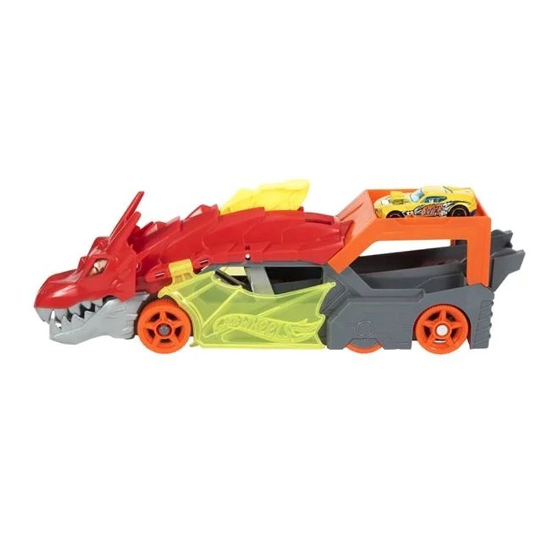 Jucarii, Copii si Bebe - Jucarii si jocuri - Jucarii & jocuri educative - Jucarii interactive - Camion in forma de dragon Hot Wheels care lanseaza masini, insotit de o masina Hot Wheels - Infinity.ro