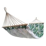 Casa si Gradina - Gradina si terasa - Balansoare si hamace - Hamace si suporturi - Hamac ecru cu model frunze tropicale verzi, Dimensiune 200x100cm, Material rezistent, Ideal pentru relaxare - Infinity.ro