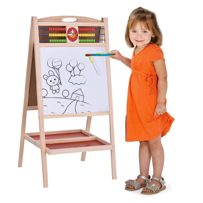 Jucarii, Copii si Bebe - Jucarii si jocuri - Jucarii & jocuri educative - Jocuri si jucarii educative - Set Tabla Magentica cu 2 Fete, din Lemn, cu Abac si Ceas, pentru copii 3 ani+, 70 cm inaltime - Infinity.ro