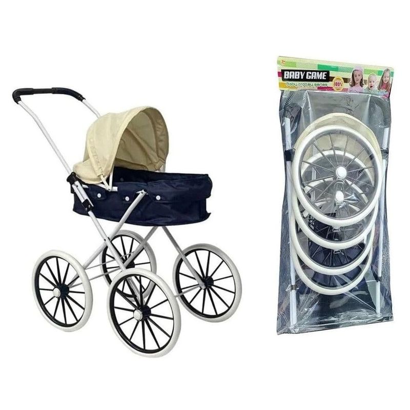Jucarii, Copii si Bebe - Jucarii si jocuri - Papusi si accesorii - Carucioare papusi si accesorii - Carucior de jucarie pentru papusi, pliabil, cu roti mari si parasolar detasabil, Albastru/Alb - Infinity.ro
