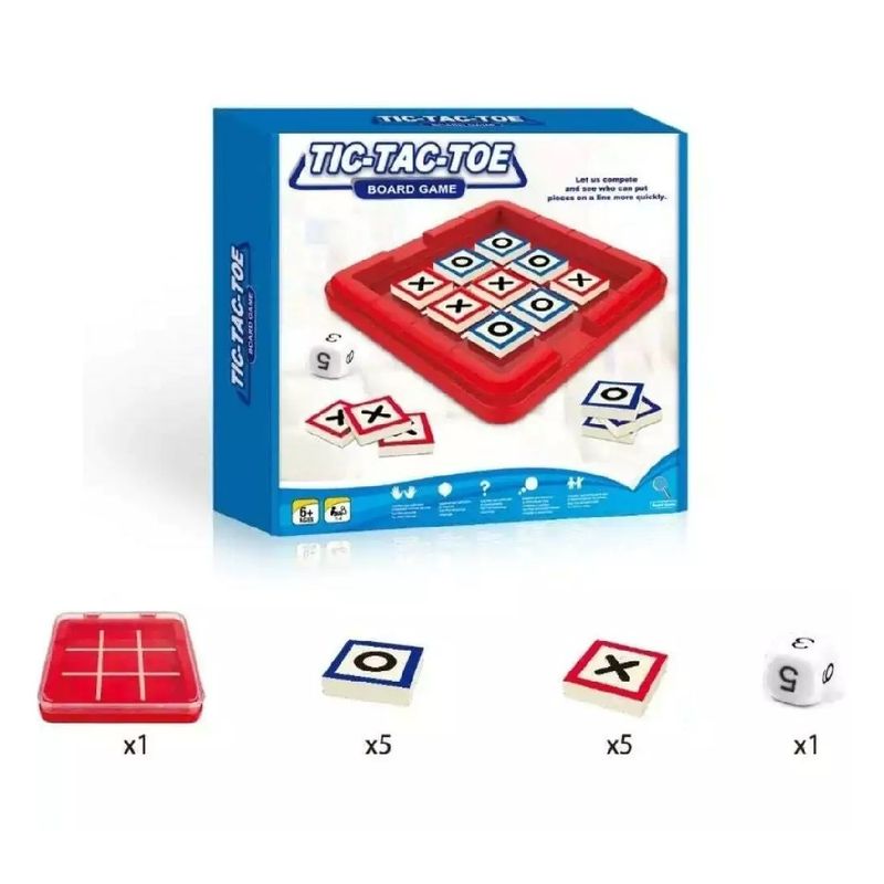 Jucarii, Copii si Bebe - Jucarii si jocuri - Jocuri si puzzle - Jocuri de societate - Joc de masa X si 0, cu 10 piese, zar si tabla din lemn, pentru copii 6 ani+, tabla de 25 cm, rosu - Infinity.ro