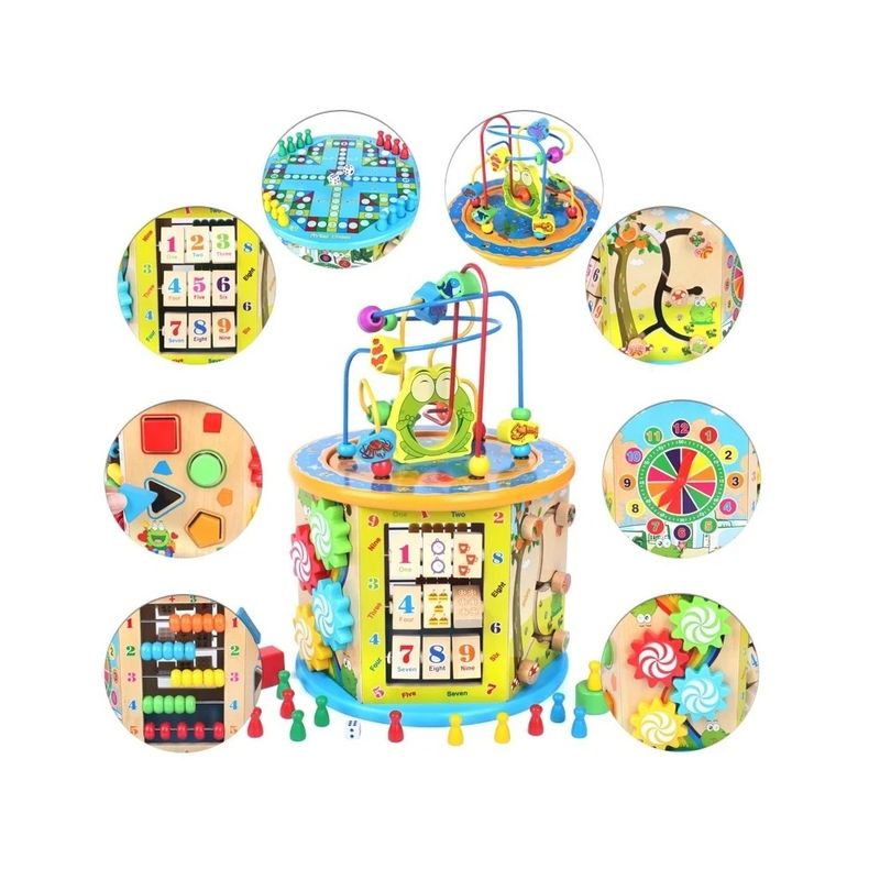 Jucarii, Copii si Bebe - Jucarii si jocuri - Jucarii & jocuri educative - Jocuri si jucarii educative - Jucarie educativa din lemn pentru copii, Centru de activitati tip hexagon 8 in 1 - Infinity.ro