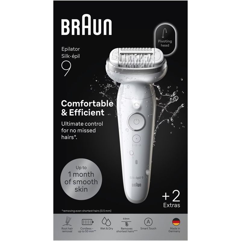 Ingrijire personala si Cosmetice - Aparate & accesorii ingrijire personala - Epilatoare si accesorii - Epilatoare - Epilator Braun Silk-épil 9 9-011, Wet & Dry, Smart Touch, 40 de pensete, 2 viteze, Geanta de voiaj, Alb/Argintiu - Infinity.ro