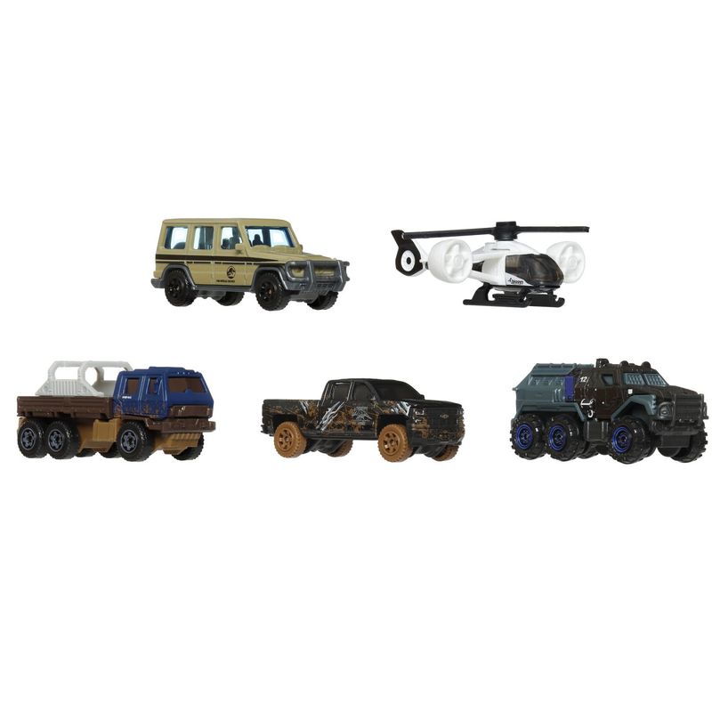 Jucarii, Copii si Bebe - Jucarii si jocuri - Vehicule si jucarii cu telecomanda - Masinute - MATCHBOX SET 5 MASINUTE METALICE JURASSIC WORLD SCARA 1 LA 64 - Infinity.ro