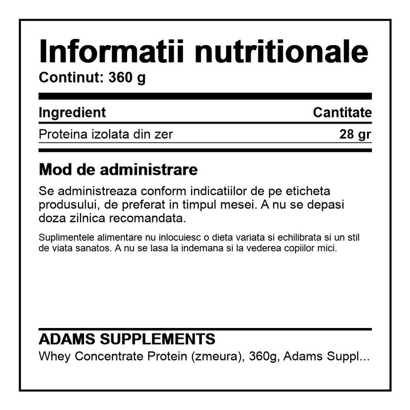 Ingrijire personala si Cosmetice - Sanatate si wellness - Nutritie sportiva - Proteine - Whey Concentrate Protein (zmeura), 360g, Adams Supplements - Infinity.ro