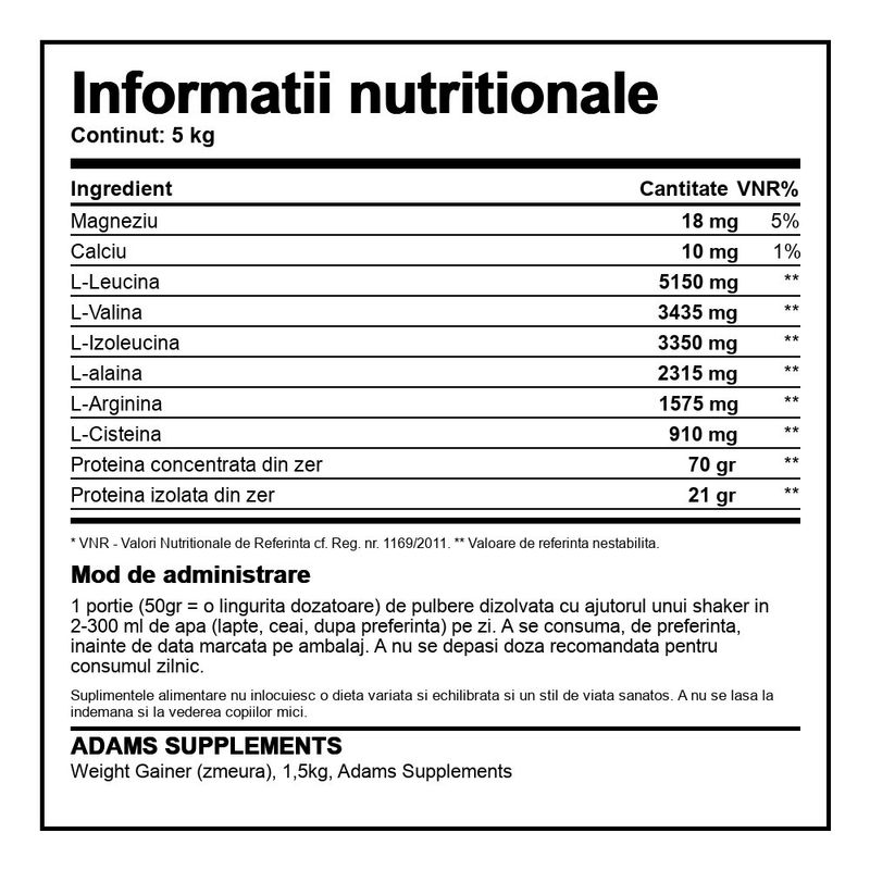 Ingrijire personala si Cosmetice - Sanatate si wellness - Nutritie sportiva - Proteine - Weight Gainer (zmeura), 1,5kg, Adams Supplements - Infinity.ro