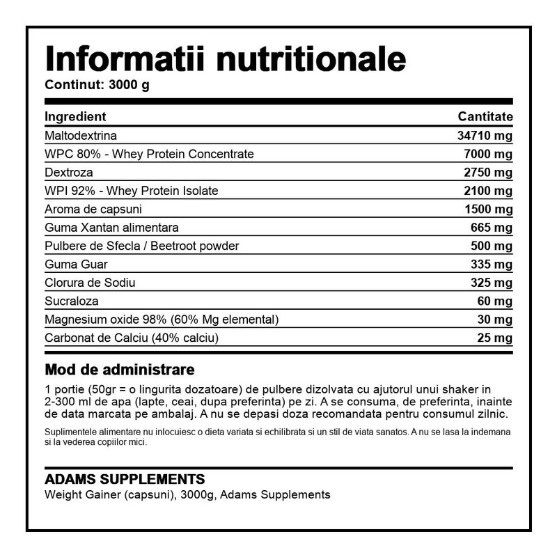 Ingrijire personala si Cosmetice - Sanatate si wellness - Nutritie sportiva - Proteine - Weight Gainer (capsuni), 3000g, Adams Supplements - Infinity.ro