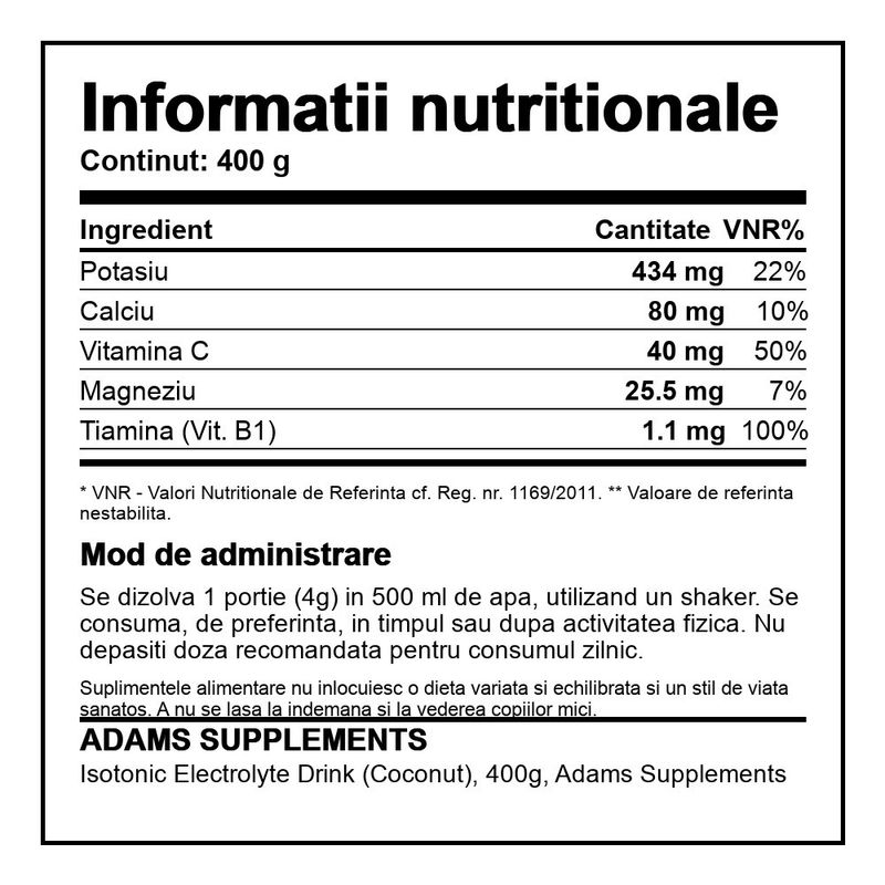 Ingrijire personala si Cosmetice - Sanatate si wellness - Nutritie sportiva - Alte suplimente sportive - Isotonic Electrolyte Drink (Coconut), 400g, Adams Supplements - Infinity.ro
