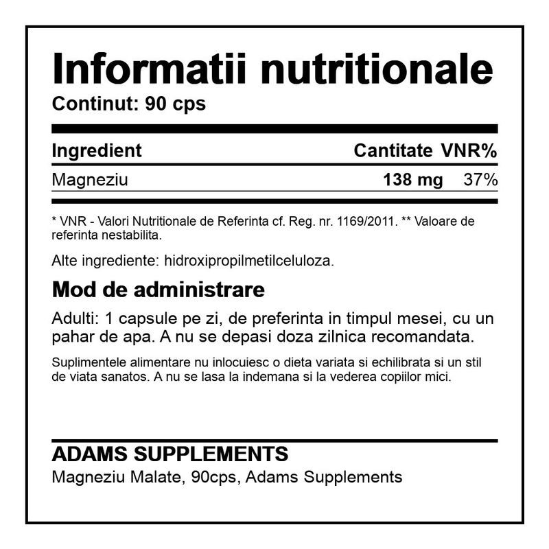 Ingrijire personala si Cosmetice - Sanatate si wellness - Suplimente alimentare - Alte suplimente alimentare - Magneziu Malate, 90cps, Adams Supplements - Infinity.ro