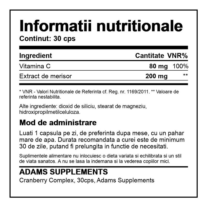Ingrijire personala si Cosmetice - Sanatate si wellness - Suplimente alimentare - Alte suplimente alimentare - Cranberry Complex, 30cps, Adams Supplements - Infinity.ro