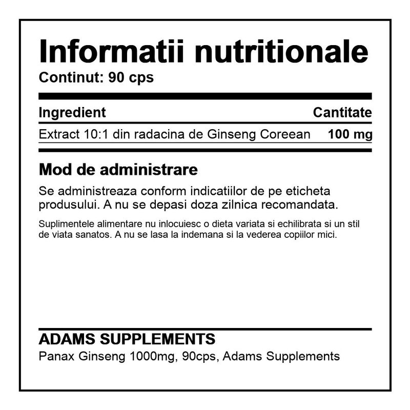 Ingrijire personala si Cosmetice - Sanatate si wellness - Suplimente alimentare - Alte suplimente alimentare - Panax Ginseng 1000mg, 90cps, Adams Supplements - Infinity.ro