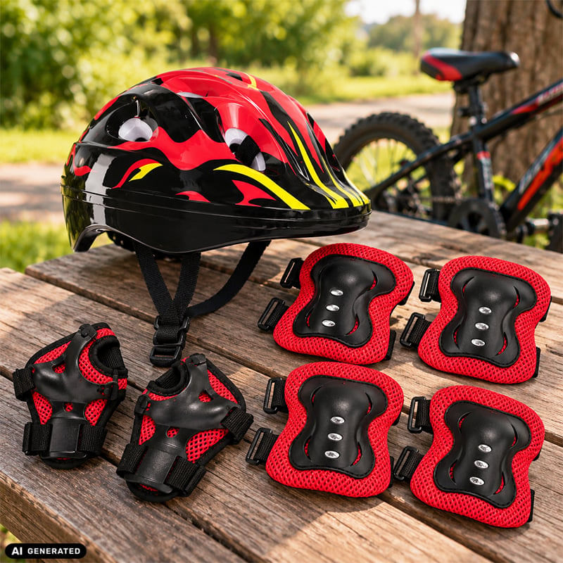 Sport si Outdoor - Echipament Sportiv - Accesorii echipament sportiv - Casti de protectie - Set Protectie pentru Copii, Casca 7 in 1 pentru 3-14 ani, Genunchiere, Cotiere, Aparatori Incheieturi, Negru cu Rosu - Infinity.ro