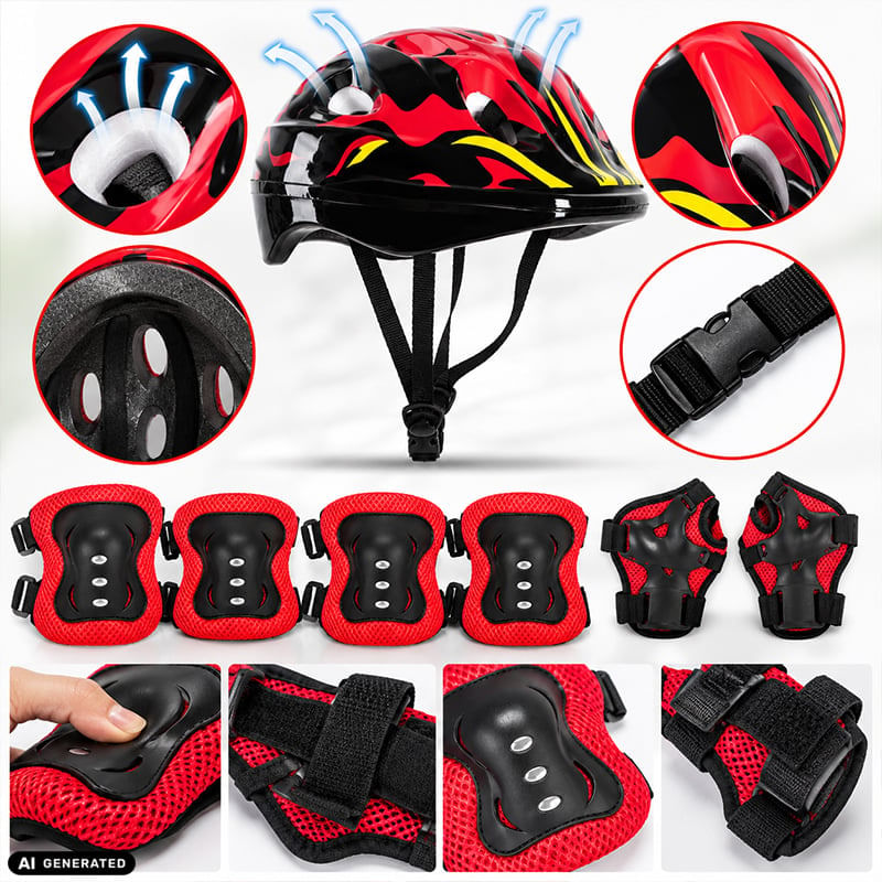Sport si Outdoor - Echipament Sportiv - Accesorii echipament sportiv - Casti de protectie - Set Protectie pentru Copii, Casca 7 in 1 pentru 3-14 ani, Genunchiere, Cotiere, Aparatori Incheieturi, Negru cu Rosu - Infinity.ro