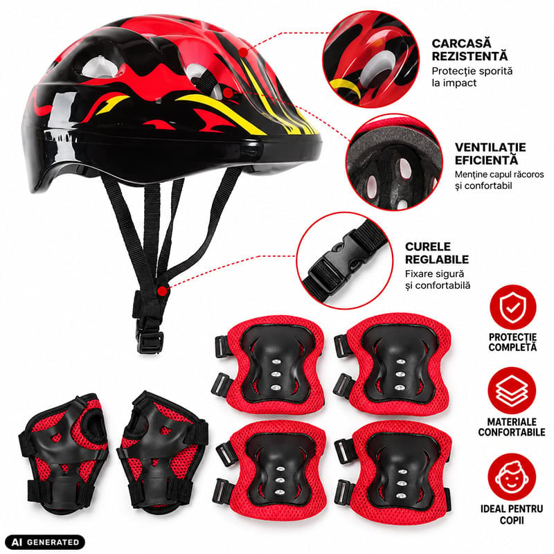 Sport si Outdoor - Echipament Sportiv - Accesorii echipament sportiv - Casti de protectie - Set Protectie pentru Copii, Casca 7 in 1 pentru 3-14 ani, Genunchiere, Cotiere, Aparatori Incheieturi, Negru cu Rosu - Infinity.ro
