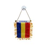 Sport si Outdoor - Accesorii si echipamente sportive - Articole pentru suporteri - Steag Auto Tricolor cu Ventuza si Franjuri, Inscriptionat Romania, Material Textil, 8x12 cm, Prindere Parbriz sau Geam - Infinity.ro