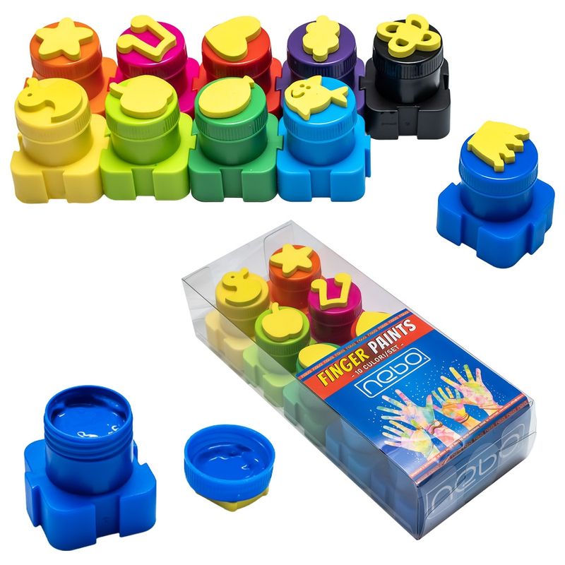 Jucarii, Copii si Bebe - Jucarii si jocuri - Jucarii & jocuri educative - Seturi pictura si desen - Set 10 Culori Vopsea de Pictat cu Degetele NEBO, Recipiente Conectabile Tip Puzzle, Capace cu Stampile - Infinity.ro