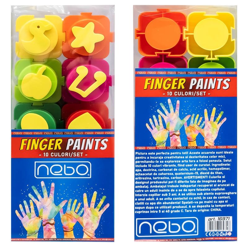 Jucarii, Copii si Bebe - Jucarii si jocuri - Jucarii & jocuri educative - Seturi pictura si desen - Set 10 Culori Vopsea de Pictat cu Degetele NEBO, Recipiente Conectabile Tip Puzzle, Capace cu Stampile - Infinity.ro