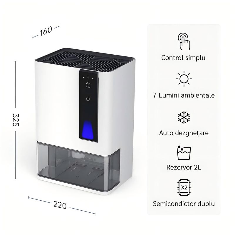 Electronice si Electrocasnice - Climatizare si sisteme de incalzire - Aparate filtrare aer - Dezumidificatoare - Dezumidificator Evoair HIDRY PLUS, 900ml/24h, Lumina ambientala in 7 culori, Rezervor 1.9l, 3 Viteze, Alb - Infinity.ro