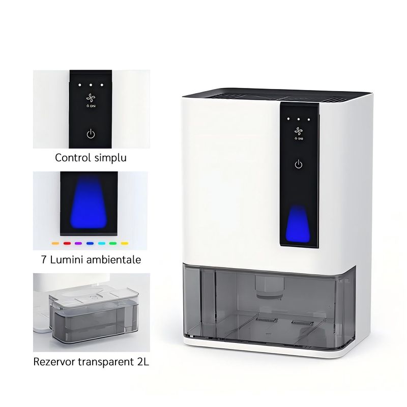 Electronice si Electrocasnice - Climatizare si sisteme de incalzire - Aparate filtrare aer - Dezumidificatoare - Dezumidificator Evoair HIDRY PLUS, 900ml/24h, Lumina ambientala in 7 culori, Rezervor 1.9l, 3 Viteze, Alb - Infinity.ro