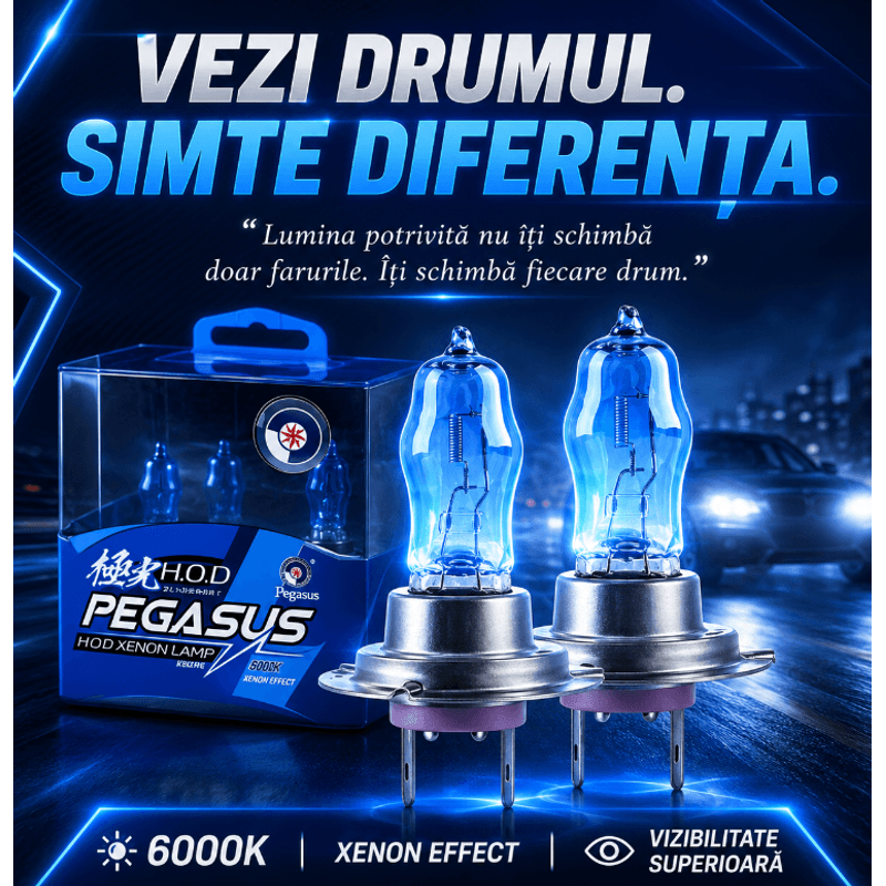 Auto si Moto - Electrice auto - Iluminare si semnalizare - Becuri auto - Set 2 becuri Pegasus H7 Xenon EFFECT halogen putere 100W 1500 lumeni temperatura 6000K - Infinity.ro