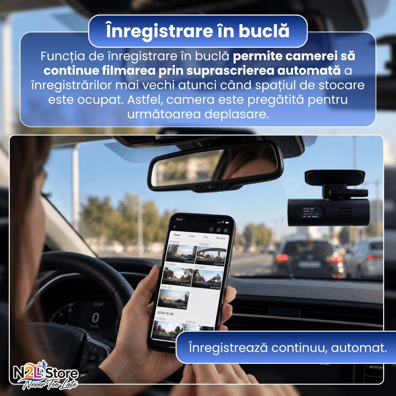 Auto si Moto - Electronice auto - Camere auto si DVR - Camera Auto Smart Dash Cam 1S N2L Store®, Sony IMX307, Full-HD 1080P, 170°, Noapte, WiFi, Comenzi Vocale, Negru - Infinity.ro